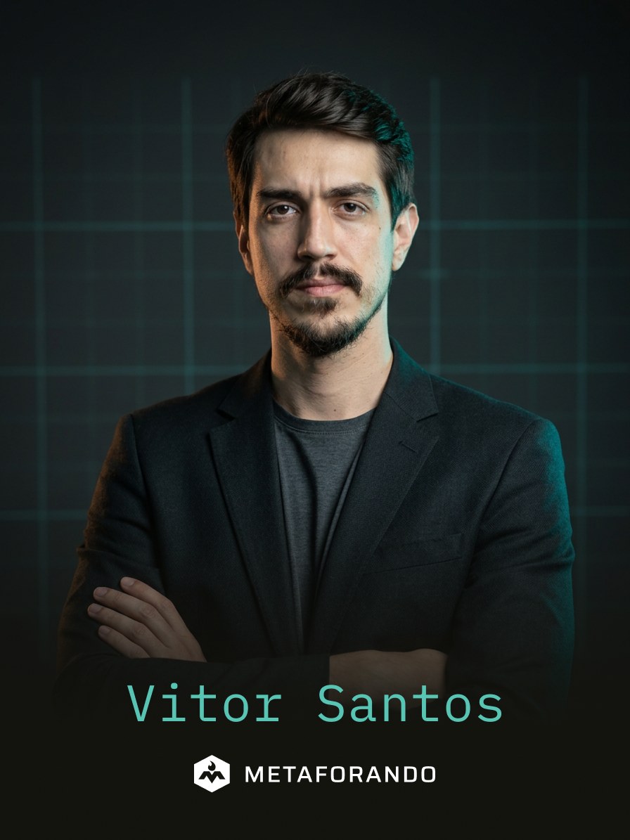 Vitor Santos de braços cruzados sobre fundo com retícula, com o nome e a marca Metaforando impressos na arte.