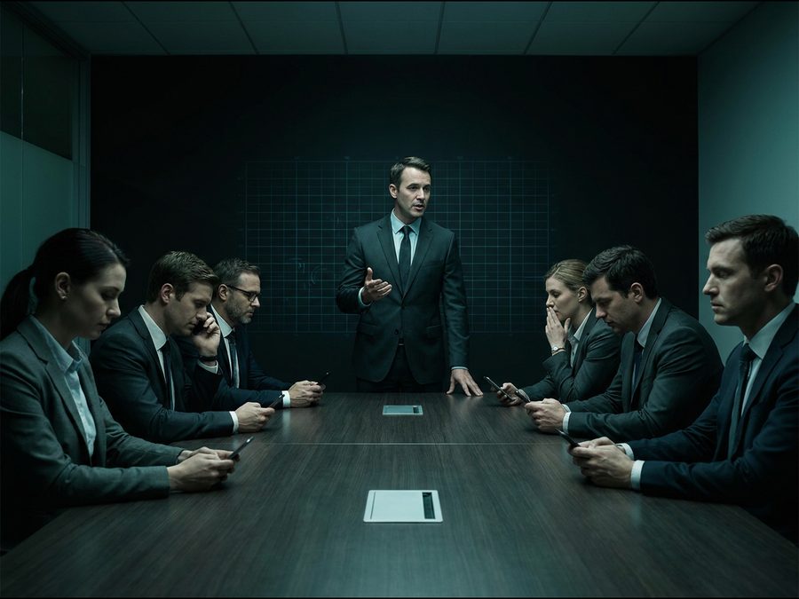 Profissional falando de pe numa reuniao enquanto todos na mesa olham para os proprios celulares.