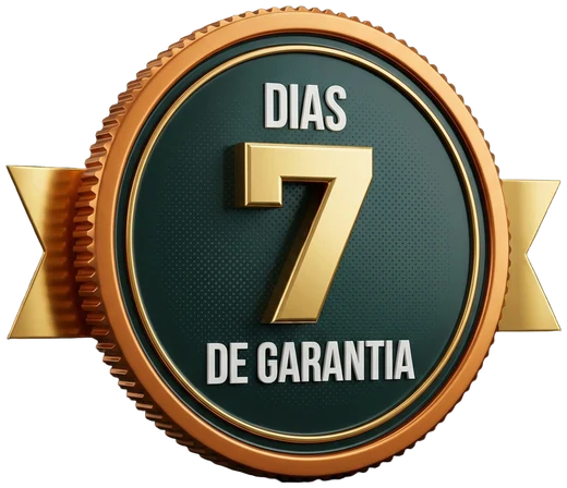 Selo tridimensional dourado e verde com o numero 7 e os dizeres dias de garantia.